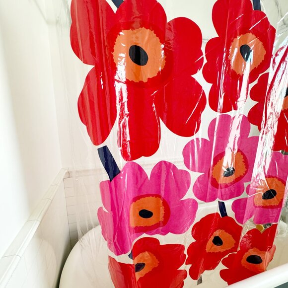 Marimekko Maija Isola Unikko Red Orange Pink Poppy Flowers PVC Shower Curtain - Picture 6 of 10